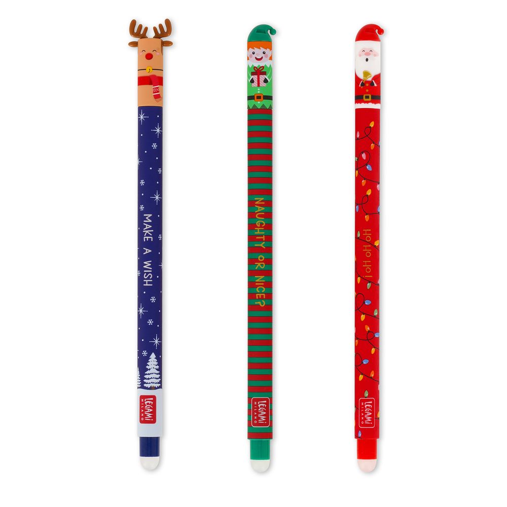 Legami Set of 3 Erasable Gel Pens - Naughty Or Nice - Santa Claus / Reindeer / Elf
