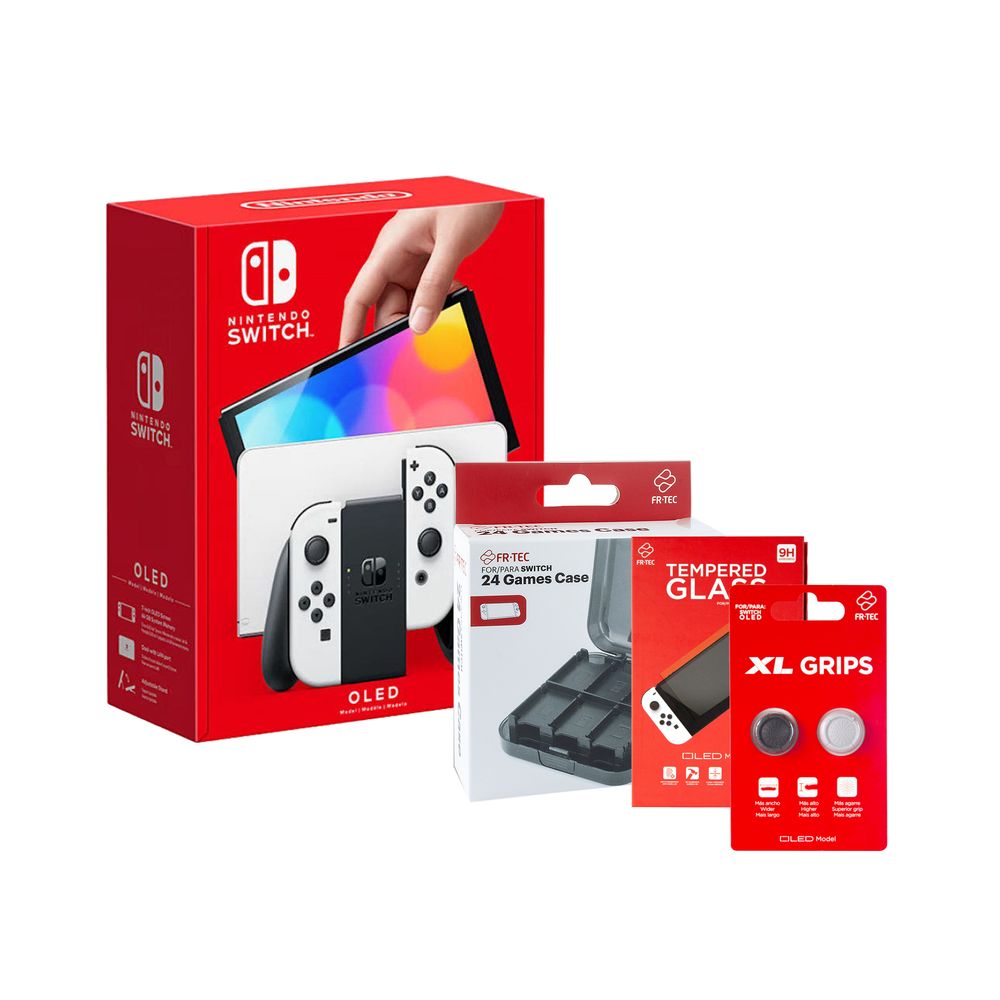 Nintendo Switch OLED White Joy-Con Console + FR-Tec Switch 24 Game Case + FR-Tec Screen Protector + FR-Tec Grips XL (Bundle)