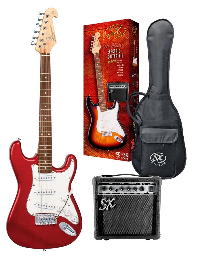 SX Guitars SE1-SK-34-BK Stratocaster 3/4 Electric Package Guitar - Candy Apple Red
