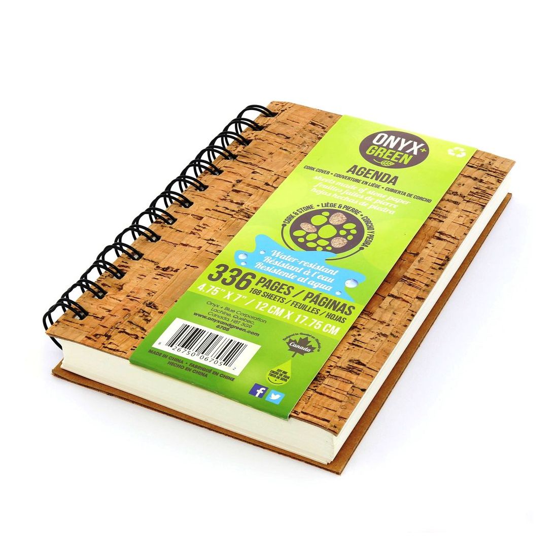 Onyx & Green Spiral Agenda Daily Planner Cork Cover Stone Paper with Undated Sheets Eco Friendly