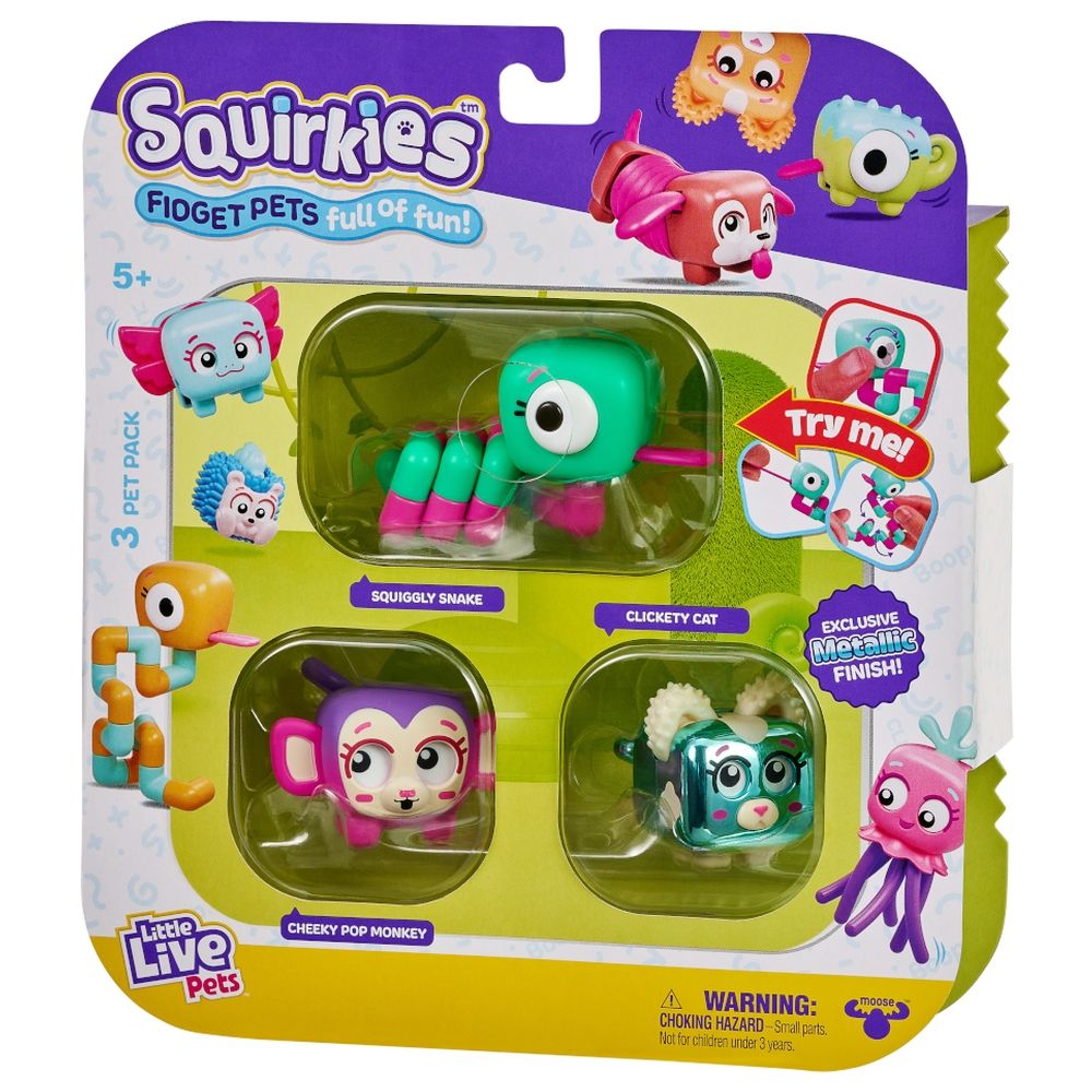 Little Live Pets Squirkies Fidget Pets Squiggly Snake Clickety Cat Cheeky Pop Monkey (Pack Of 3) 26431