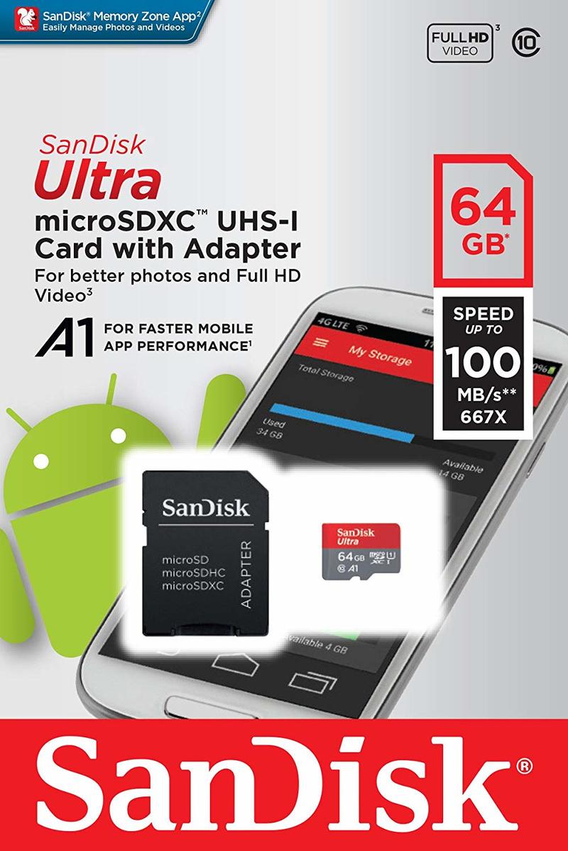 SanDisk Ultra 64GB microSDXC UHS-I Card (A1) (C10) (U1) with Adapter