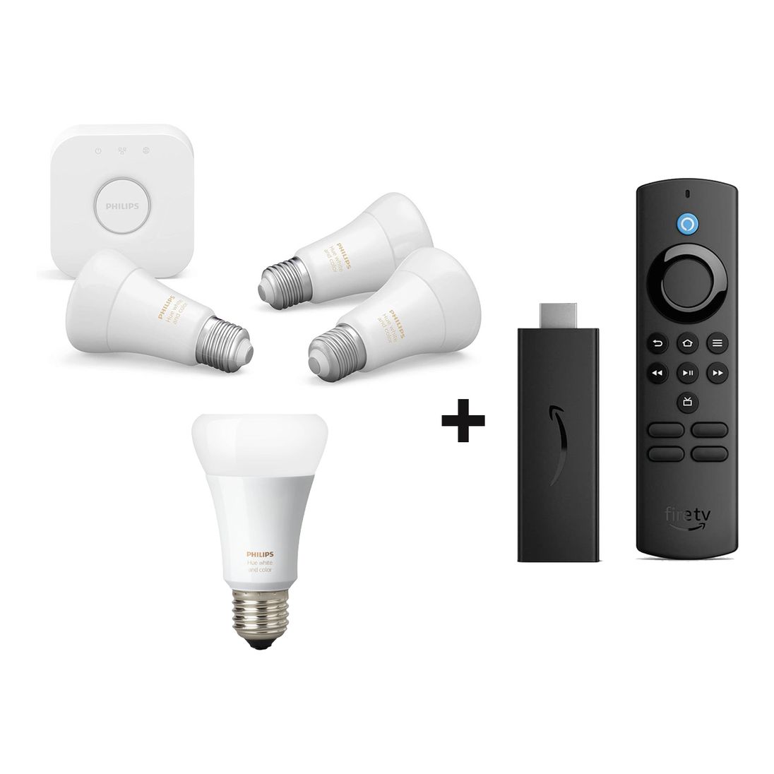 Philips Hue White & Colour Ambiance Starter Kit (3 Bulbs & Bridge) + Amazon Fire Tv Stick Lite + Hue Color Bulb
