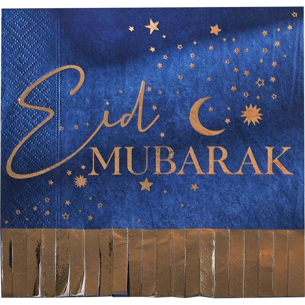 Ginger Ray Paper Napkin - Eid Mubarak Fringe Napkin - Navy And Gold (Pack of 16) (16.5 x 16.5cm)