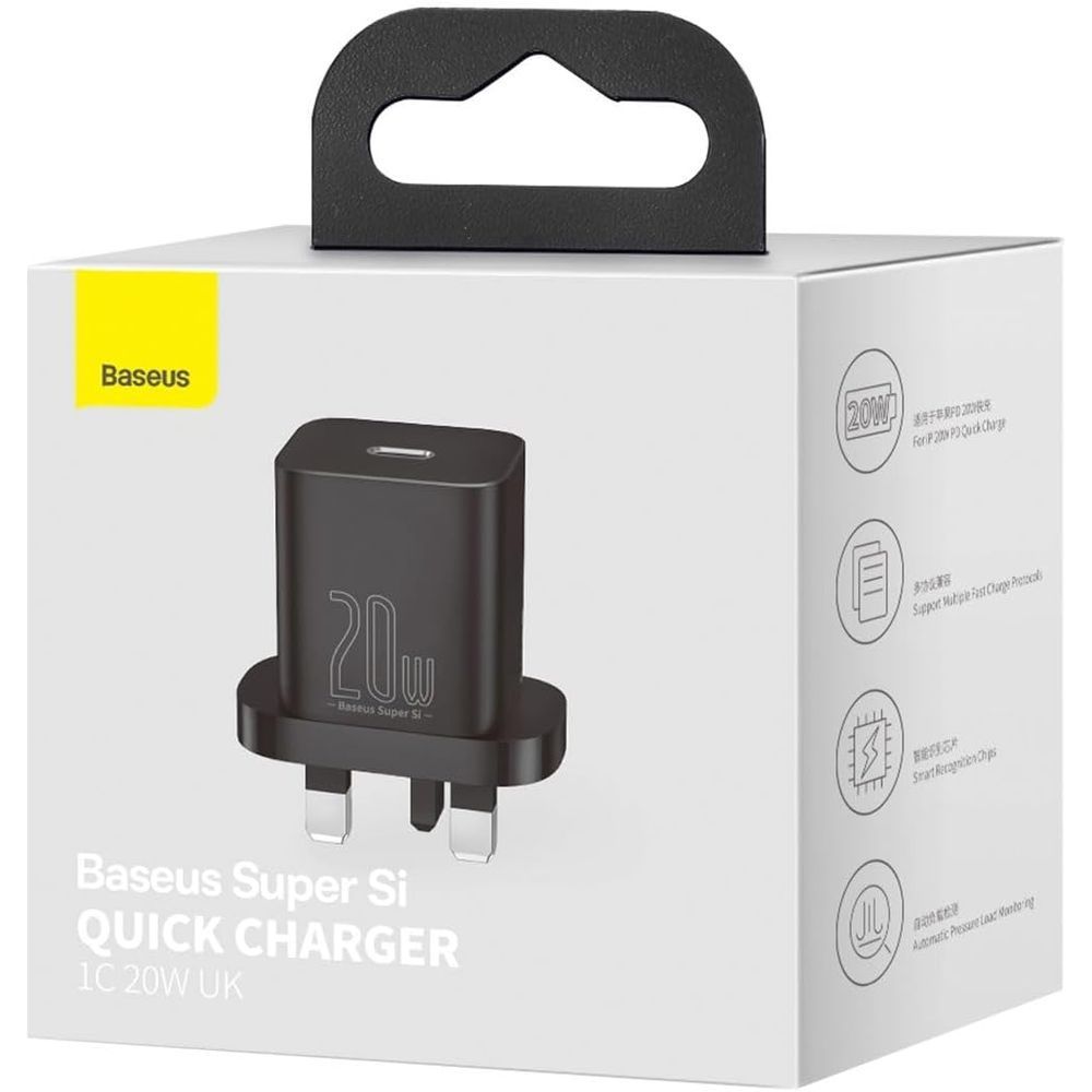 Baseus Super Si Quick Charger 1C 20W UK - White with Charging/Data Cable USB-C to Lightning PD 20W 1M - Black
