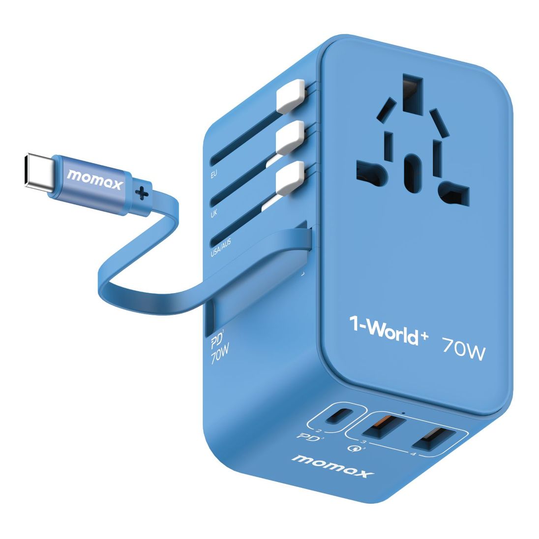 Momax 1-World 70W GaN 3 Port With Built-In USB-C Cable AC Travel Adaptor - Blue
