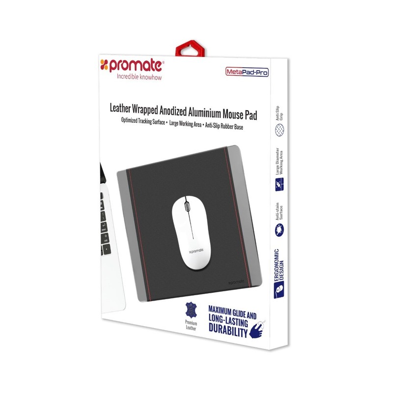 Promate Metapad-Pro Lightweight Rectangular Aluminium Mouse Pad With Leather Wrap 30 x 24cm Silver
