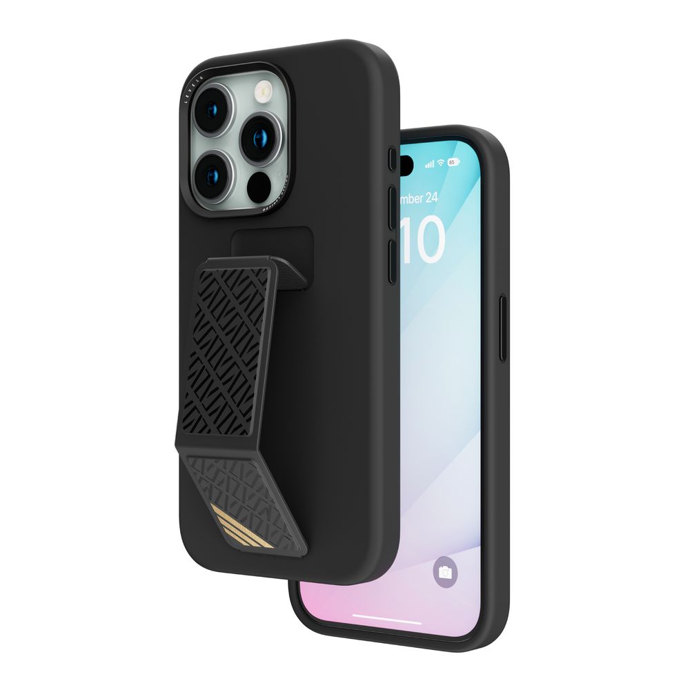 Levelo Morphix Silicone Case With Leather Grip For iPhone 15 Pro Max - Black