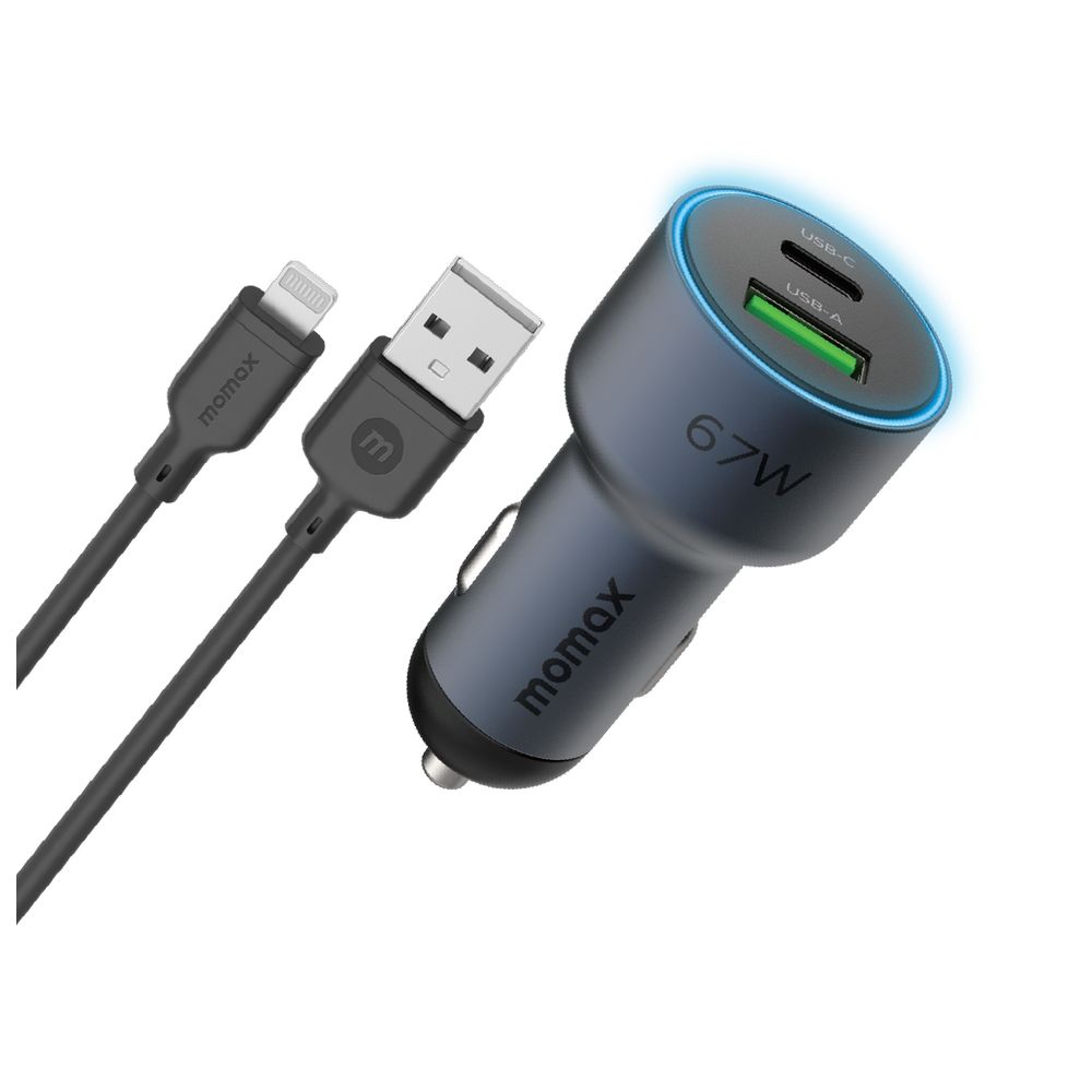 Momax MoVe 67W Dual Output Car Charger with Lightning Charging Cable