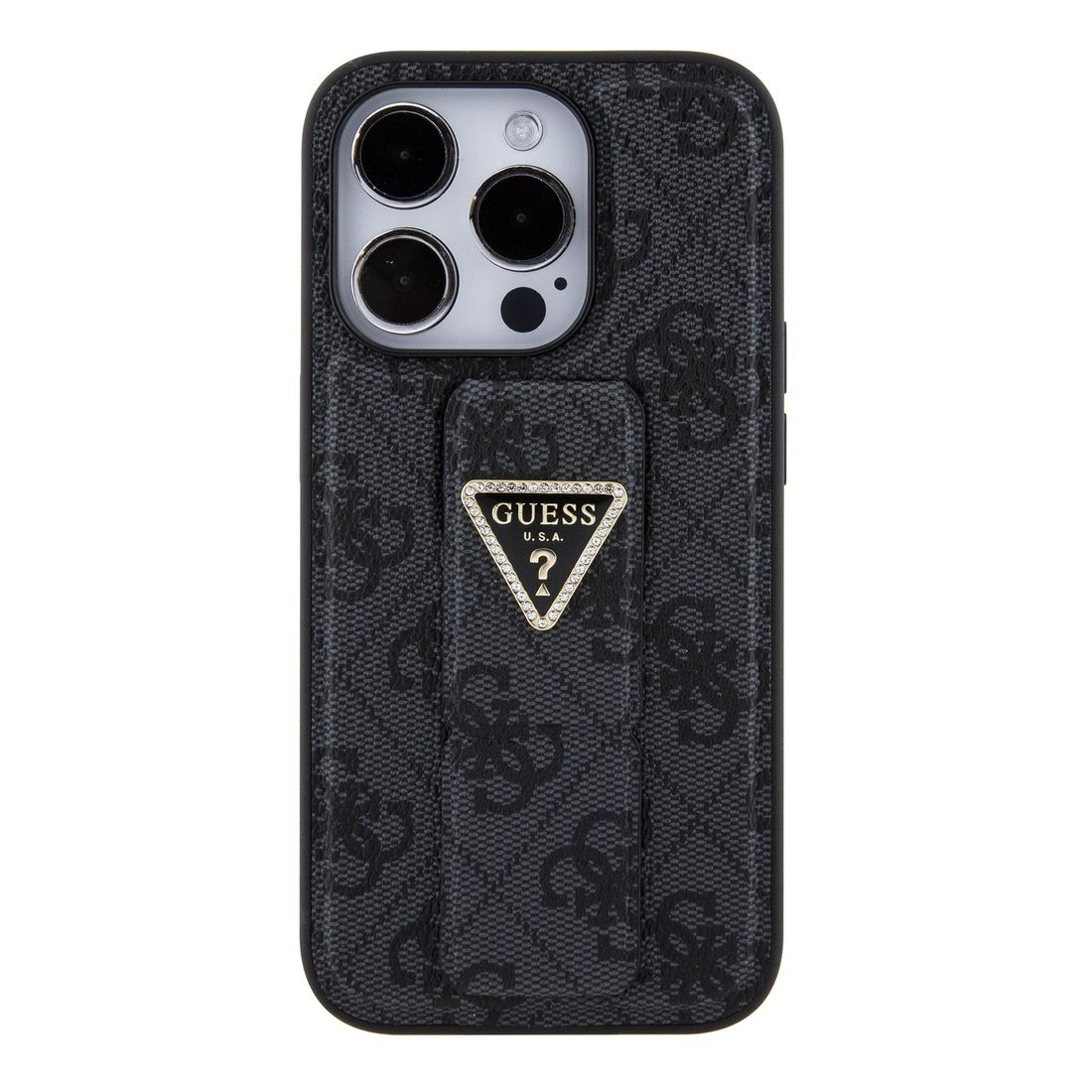 Guess Gripstand PU leather Case with 4G Triangle Strass Pattern for iPhone 15 Pro - Black