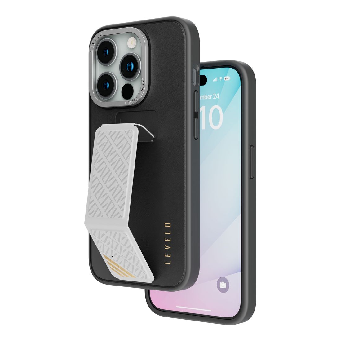 Levelo Morphix Leather Case with Kickstand Grip for iPhone 15 Pro Max - Black/Grey