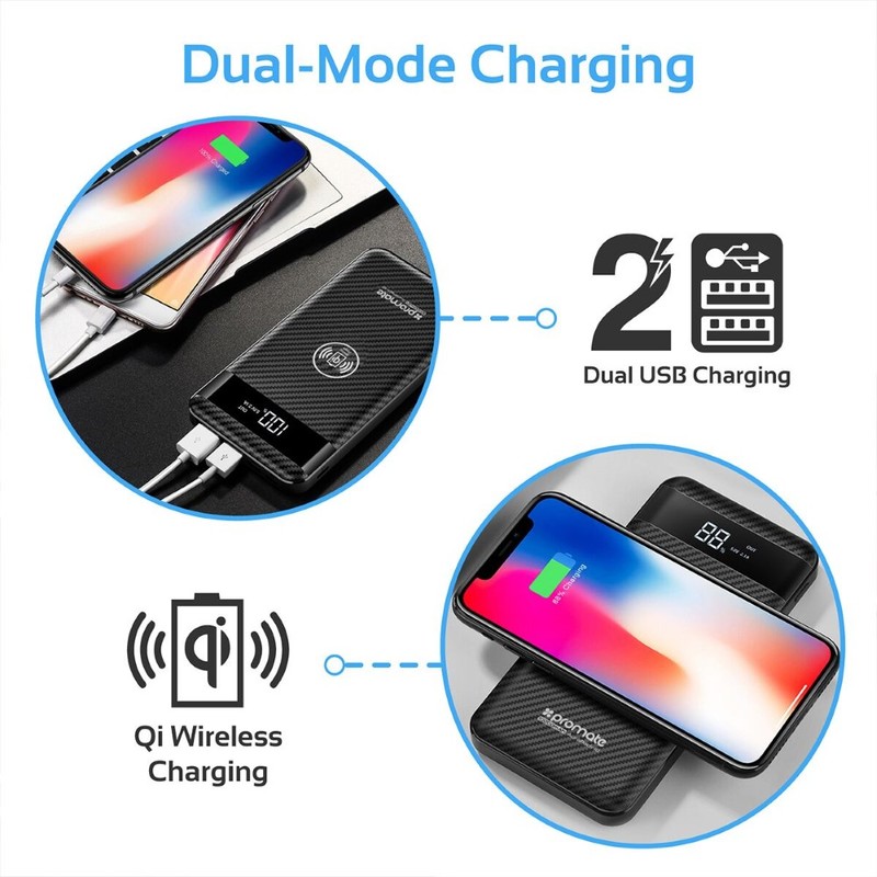 Promate AuraPack-10 Black 10000mAh Qi Wireless Charging Power Bank with Lightning and Micro-USB Input