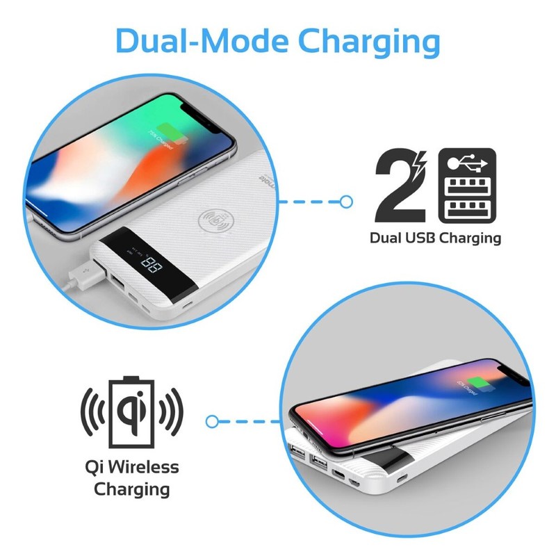 Promate AuraPack-10 White 10000mAh Qi Wireless Charging Power Bank with Lightning and Micro-USB Input