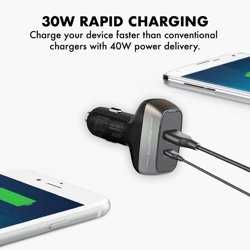 Promate Scud-PD42 Black 42W Ultra-Fast Charging Car Charger