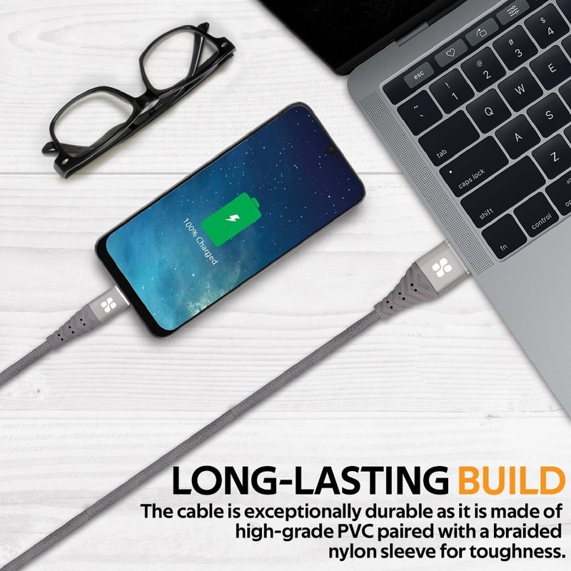 Promate Nervelink-C USB-A To USB-C Fabric Braided Data Sync & Charge Cable Grey