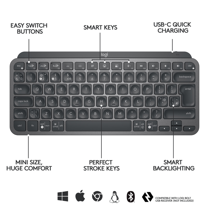 Logitech 920-010498 MX Keys Mini Wireless Illuminated Keyboard - (US International) - Graphite