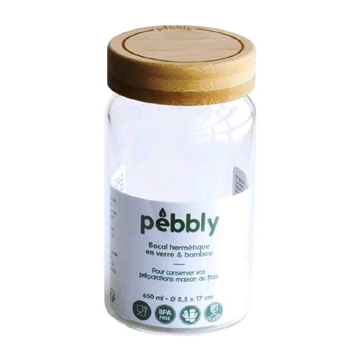 Pebbly Round Glass Jar W/ Screw Bamboo Lid 650ml Pebbly Round Glass Jar W/ Screw Bamboo Lid 650ml