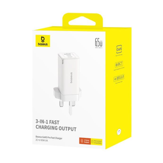 Baseus GaN5 Pro Fast Charger 2 USB-C + 1 USB-A 65W UK - Moon White
