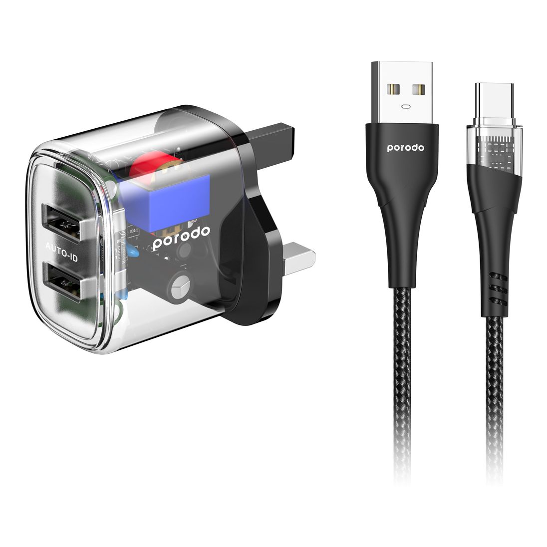 Porodo Dual Output Transparent Charger With 2.4A Auto ID Technology With USB-A To Type-C Cable 1.2m UK