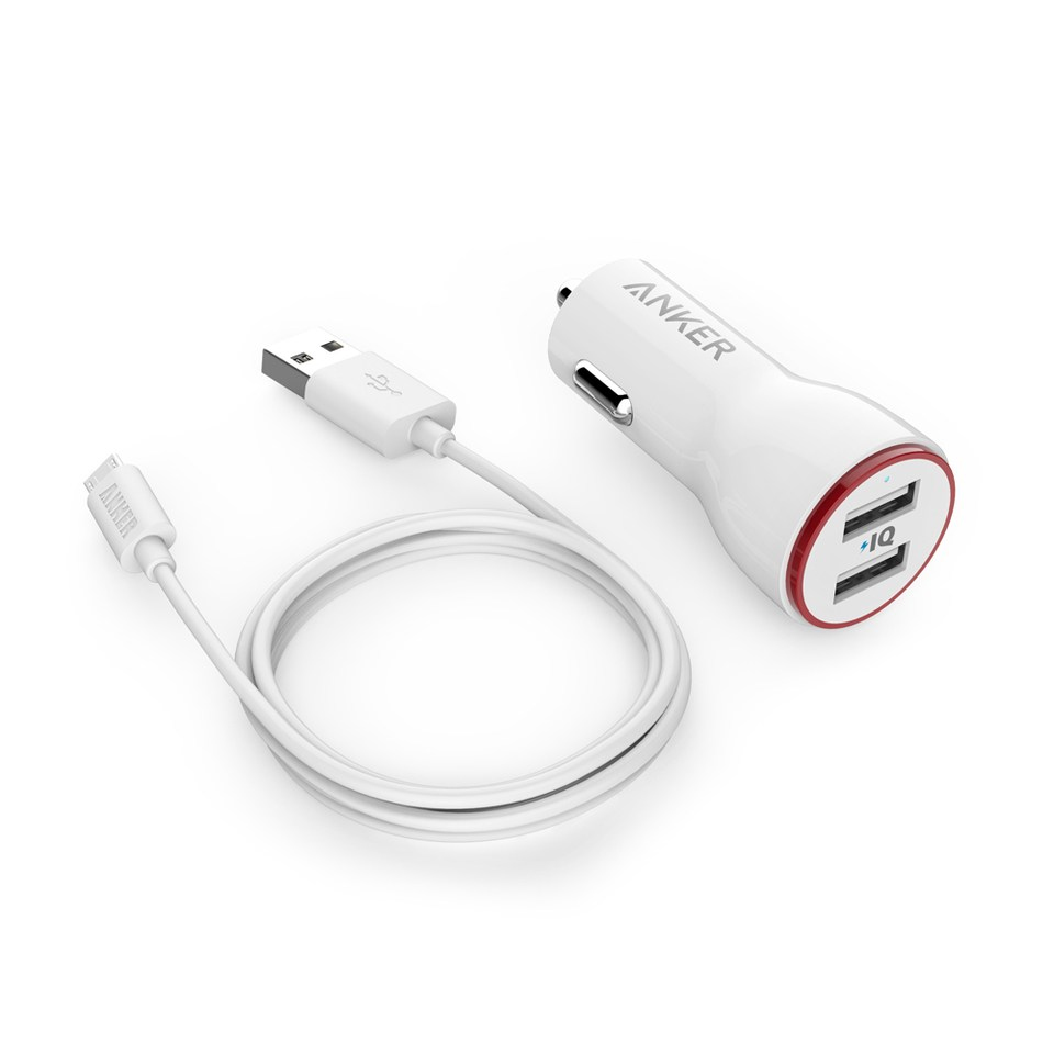 Anker 2 Port 24W White Car Charger + 3ft Micro-USB Cable