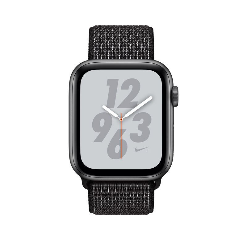 ساعة آبل إصدار نايك بلس الرابع مع جي بي إس 40 مم ذات هيكل من الألومينيوم بالون الرمادي الداكن مع حزام الساعة الأسود من نايك