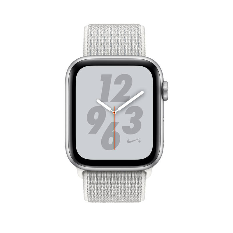 ساعة آبل إصدار نايك بلس الرابع مع جي بي إس 44 مم ذات هيكل من الألومنيوم بالون الفضي مع سوار أبيض جيري رياضي من نايك