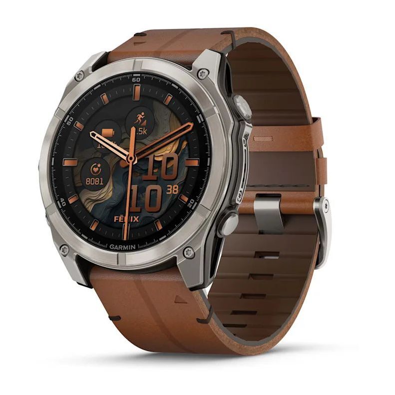 Garmin Fenix 8 51mm AMOLED Sapphire Bare Titanium Black Smartwatch - Chestnut Leather Band + Graphite Silicone Band