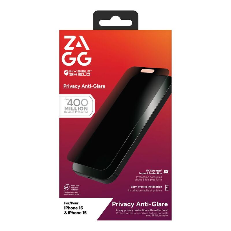 Zagg Invisibleshield Glass Elite Privacy Anti-Glare Screen Protector for Apple iPhone 16/ 15 Zagg Invisibleshield Glass Elite Privacy Anti-Glare Screen Protector for Apple iPhone 16/ 15