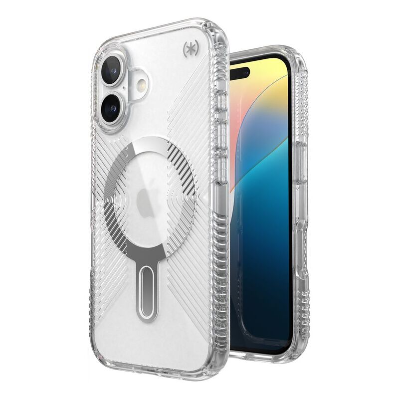 Speck iPhone 16 Presidio Perfect Clear Grip Case With MagSafe And ClickClock - Clear/Chrome Speck iPhone 16 Presidio Perfect Clear Grip Case With MagSafe And ClickClock - Clear/Chrome