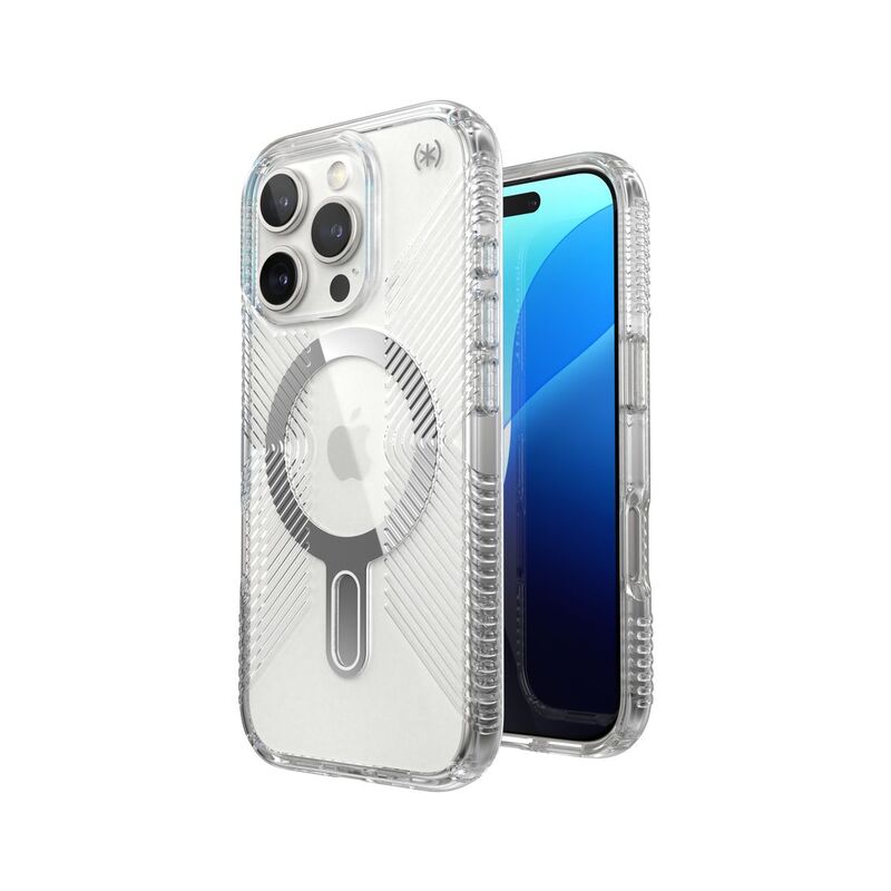 Speck iPhone 16 Pro Presidio Perfect Clear Grip Case With MagSafe And ClickClock - Clear/Chrome Speck iPhone 16 Pro Presidio Perfect Clear Grip Case With MagSafe And ClickClock - Clear/Chrome