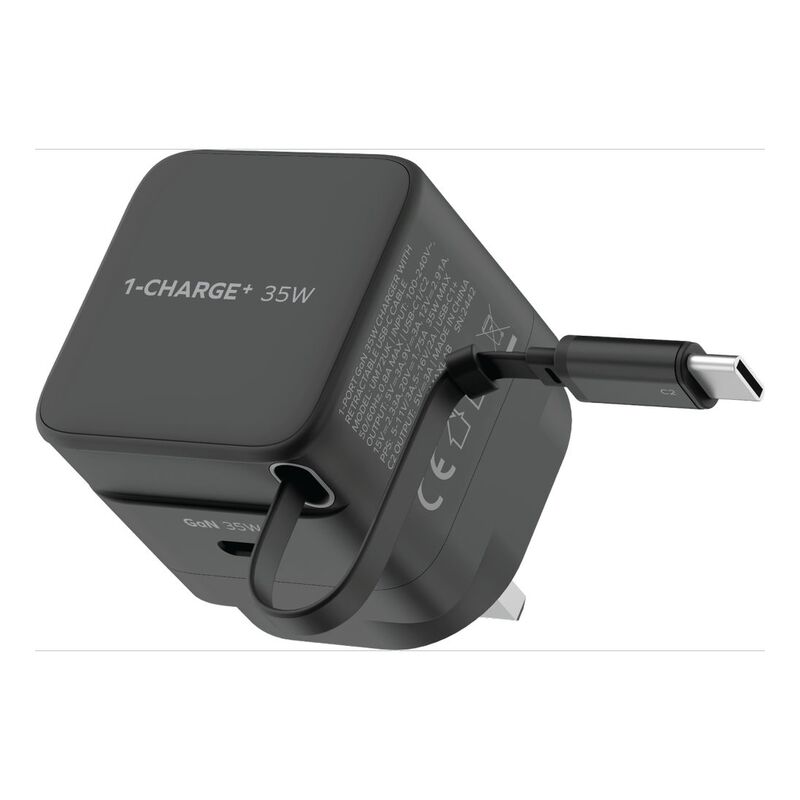 Momax 1-Charge 35W Gan 1 Port Charger With Built-In USB-C Cable - Black Momax 1-Charge 35W Gan 1 Port Charger With Built-In USB-C Cable - Black
