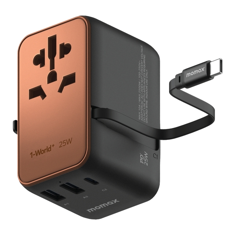 Momax 1-World+ 25W 3-Port w/ Built-in USB-C Cable + AC Travel Adaptor - Desert Titanium