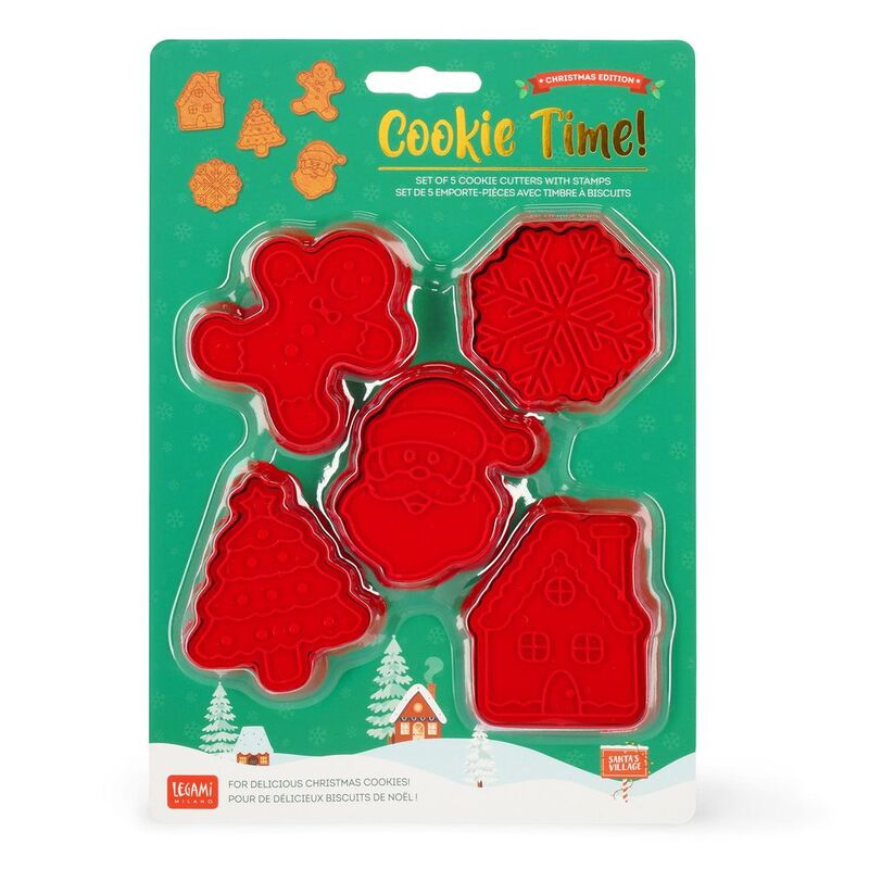 Legami 5 Cookie Cutters with Stamps - Cookie Time! - Christmas