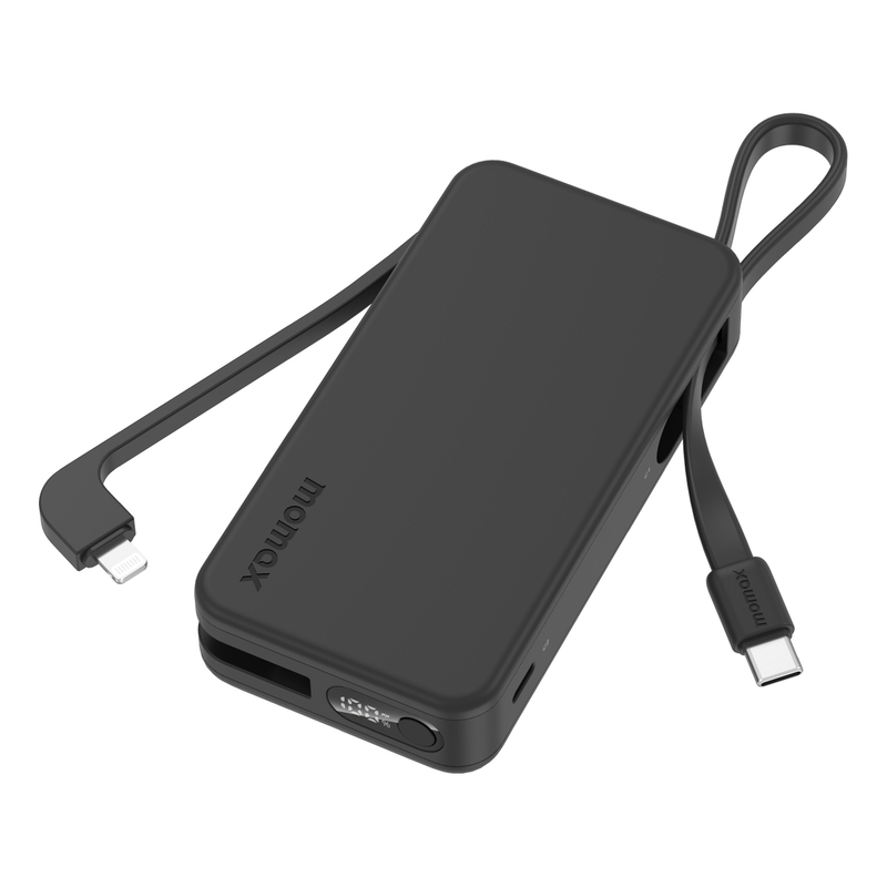 Momax 1-Power Vital+ 10000mAh Power Bank With Built In USB-C & Lightning Cable - Black