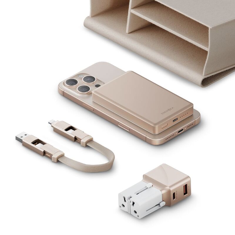 Energea X Bazic Travel Kit/ Travelworld Adapter 25 (Gold) + Alupac 10K (Gold) + Alucable 15cm (Gold) + Beige Pouch