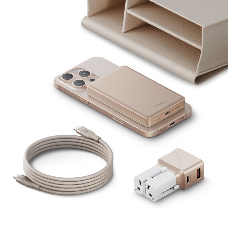 Energea Voyager Kit/ Travelworld Adapter 25 (Gold) + Alupac 10K (Gold) + Helix 1.5M (Gold)+ Beige Pouch