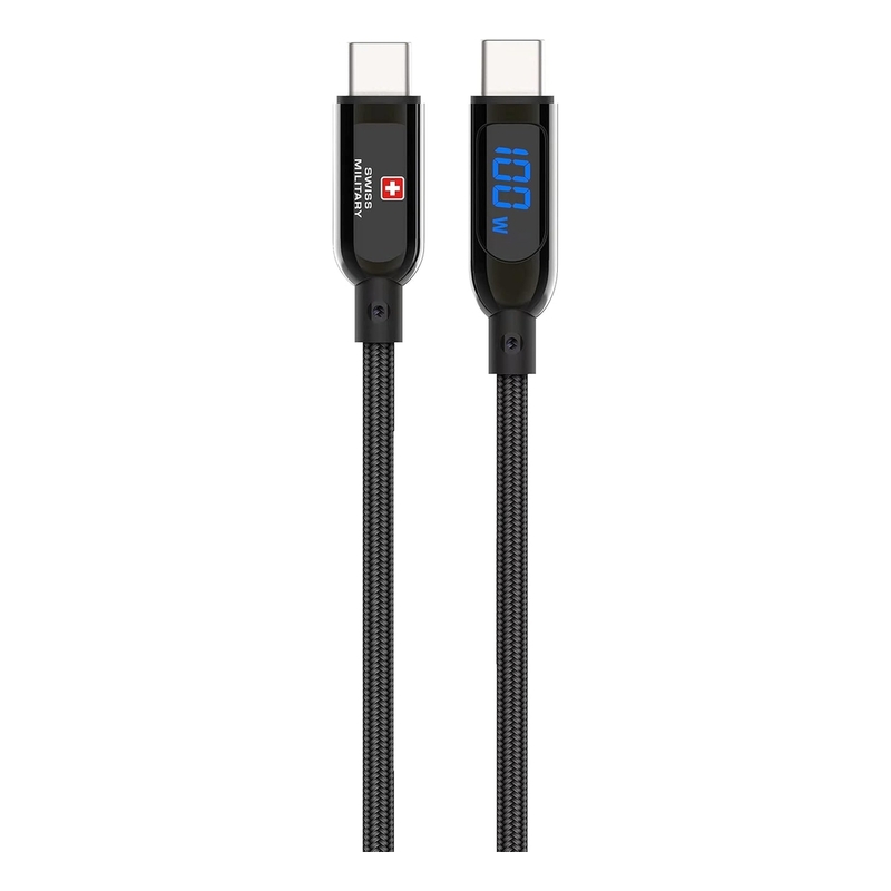 Swiss Military 100W USB-C To USB-C Braided Cable With LED 1m - Black