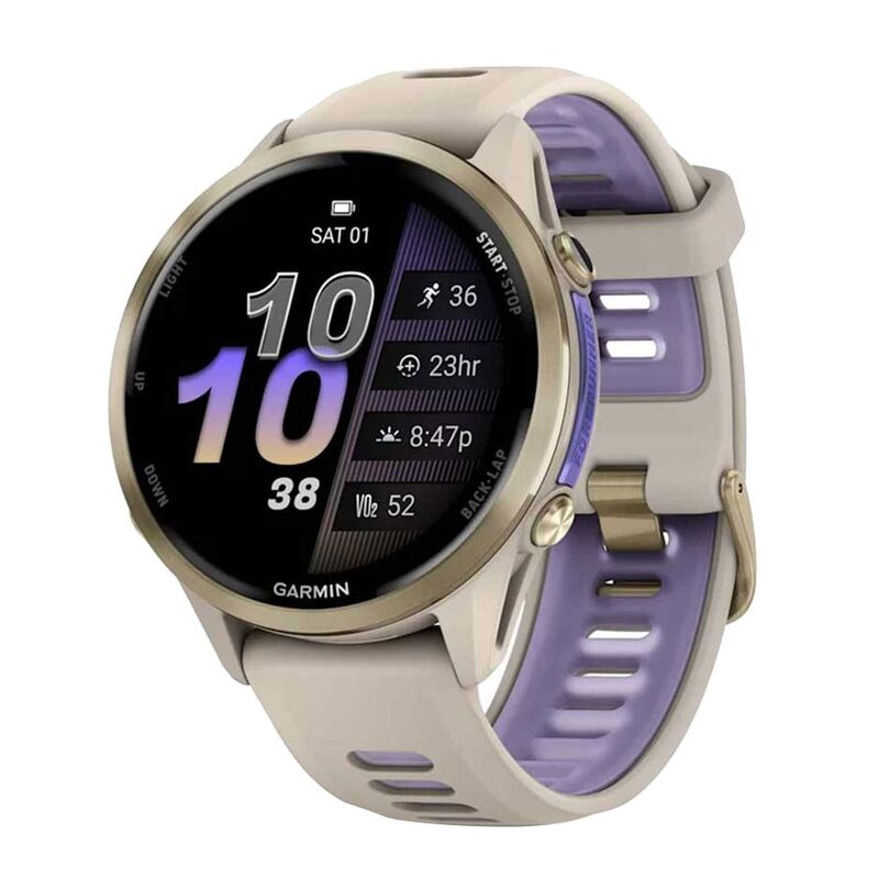 Garmin Forerunner 970 Soft Gold Titanium Smartwatch with French Gray Case & French Gray/ Translucent Indigo Band Garmin Forerunner 970 Soft Gold Titanium Smartwatch with French Gray Case & French Gray/ Translucent Indigo Band