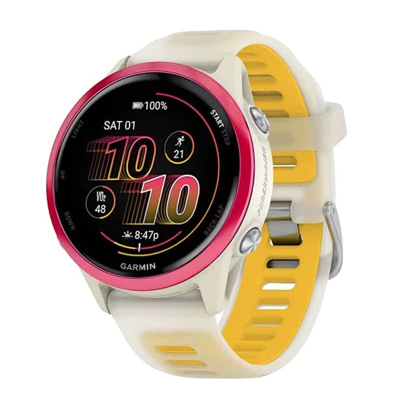 Garmin Forerunner 570 42mm Raspberry Aluminium Smartwatch with Translucent Bone/ Mango Band