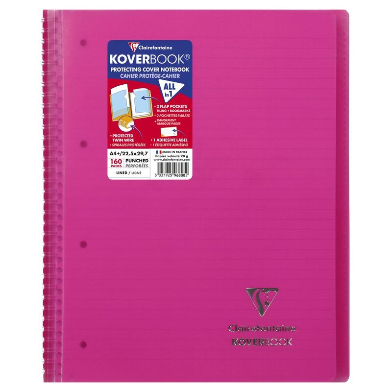 Clairefontaine Koverbook Wirebound Wraparound Opaque Polypro Notebook - 80 Lined Sheets (22.5 x 29.7 cm) - Pink
