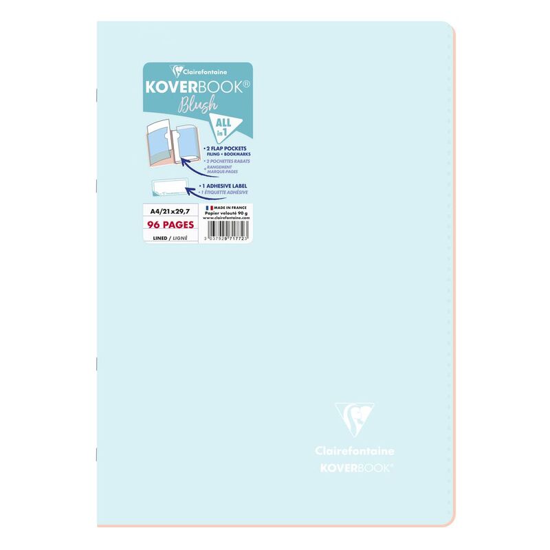 Clairefontaine Koverbook Blush Stapled Opaque Polypro Notebook 48 Lined Sheets (21 x 29.7 cm) - Ice Blue