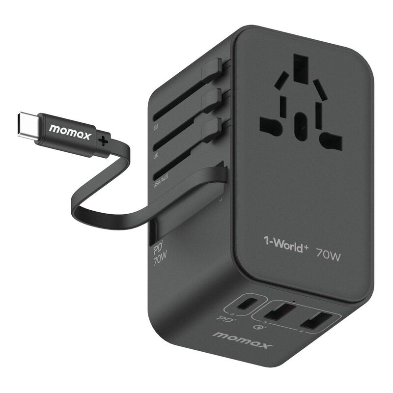 Momax 1-World 70W GaN 3 Port With Built-In USB-C Cable AC Travel Adaptor - Black