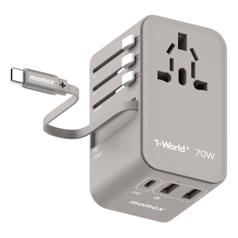 Momax 1-World 70W GaN 3 Port With Built-In USB-C Cable AC Travel Adaptor - Grey