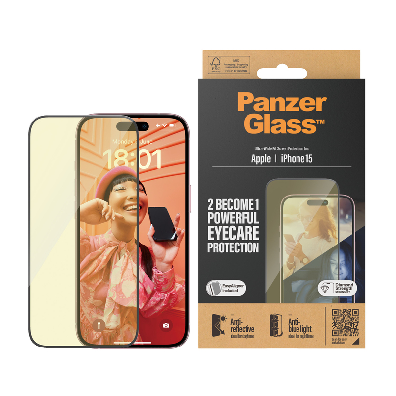 PanzerGlass Screen Protector for iPhone 15 - UWF - Anti-Reflective & Bluelight