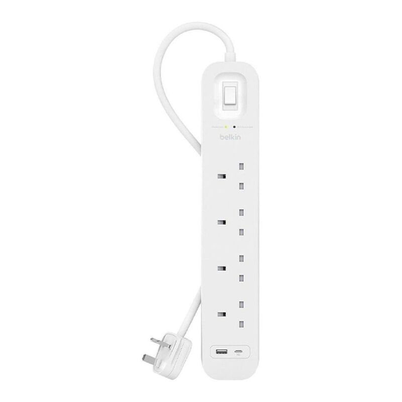 Belkin 4-Outlet Surge Protector 18W USB-A & USB-C Ports (2m Cord) - White