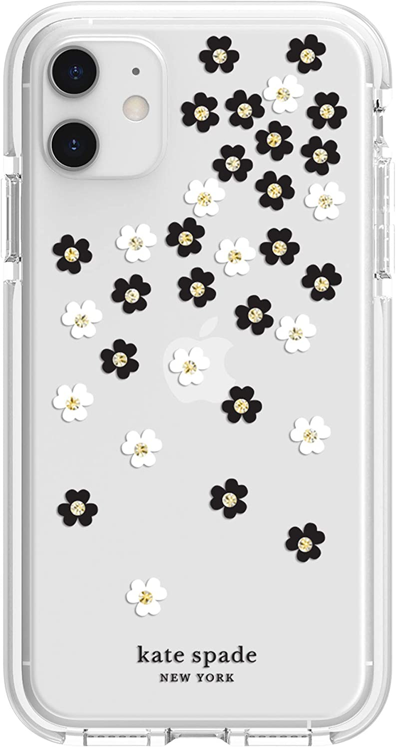 Kate Spade New York Defensive Hardshell Case Scattered Flowers Black/White/Gold Gems/Clear/White Bumper for iPhone 11