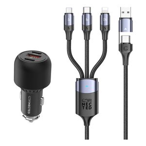 Connected Rocket-130 3-Port Car Charger 130W + Cuatro-Dous 6-in-1 Cable (Bundle)